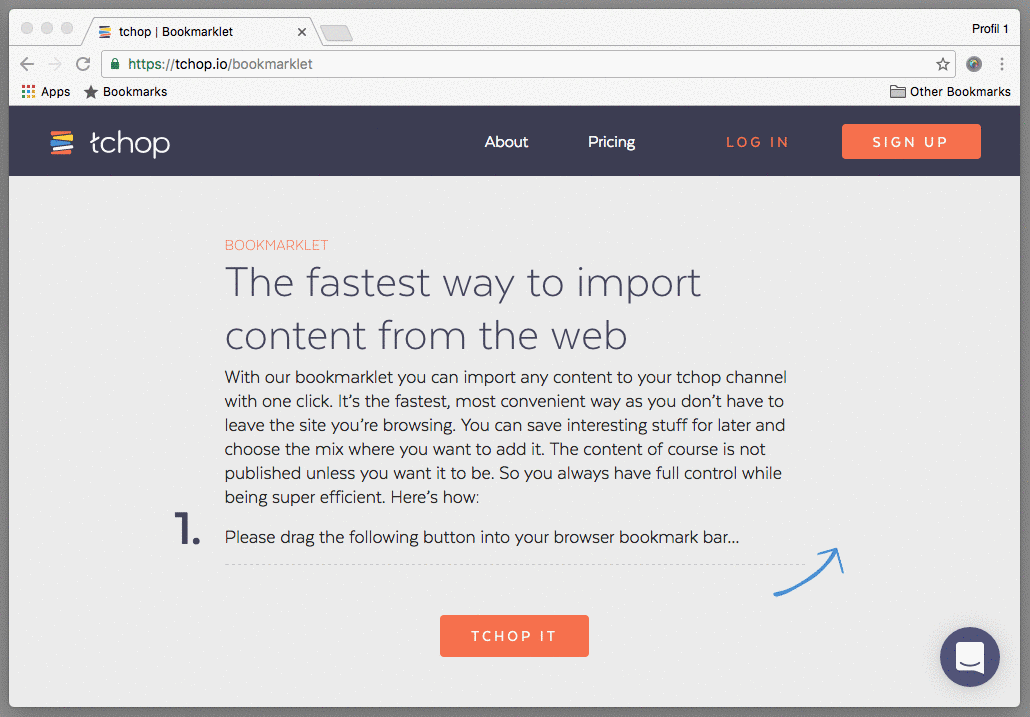 How to install the tchop browser bookmarklet to add web content instantly. 
