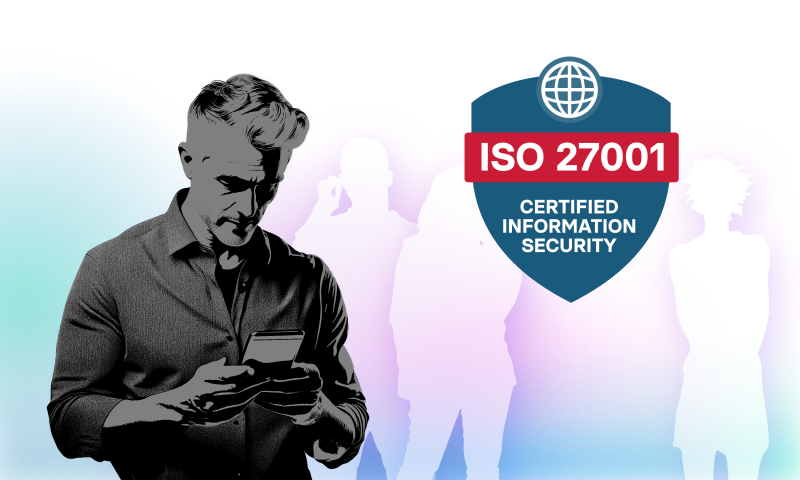 User with smartphone and ISO27001 certification