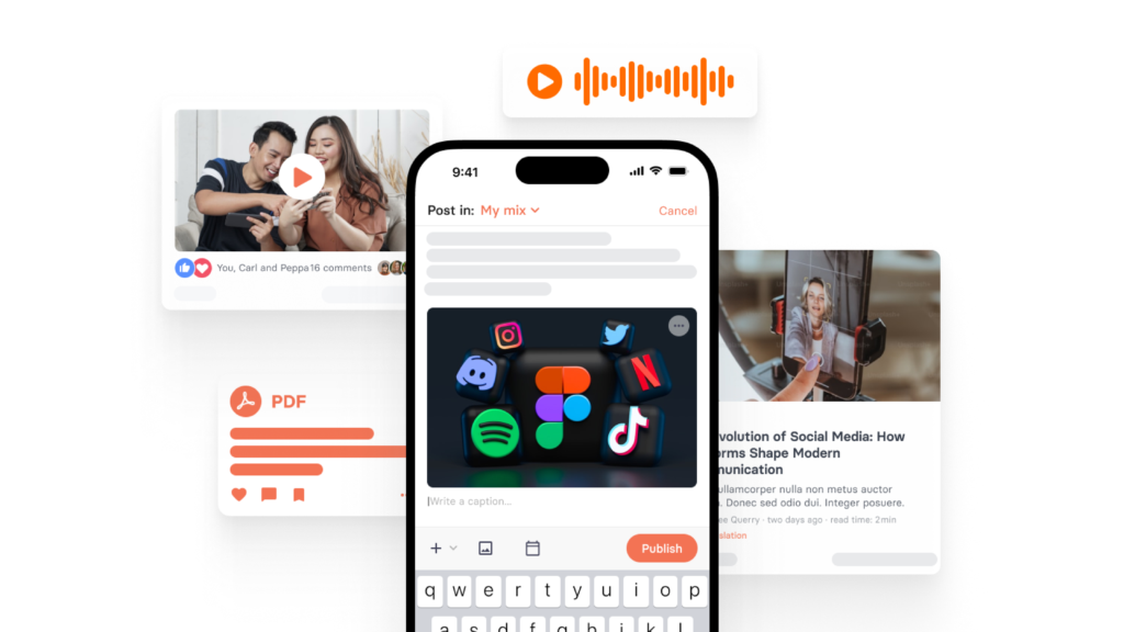 Smartphone with content cards left and right
