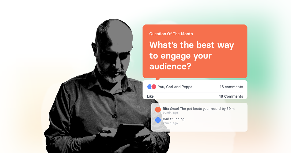 A man looking at a phone beside a tchop question-of-the-month card reading “Push notification vs SMS: which one actually reaches people?”