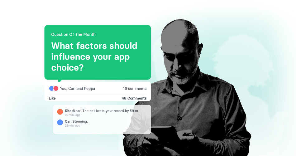 A man looking at a phone beside a tchop question-of-the-month card reading “Web app vs native app: which one should employees get?”