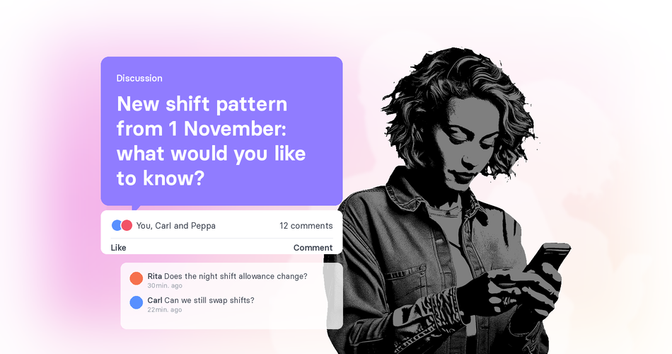 A tchop discussion card asking employees what they would like to know about a new shift pattern, with replies underneath