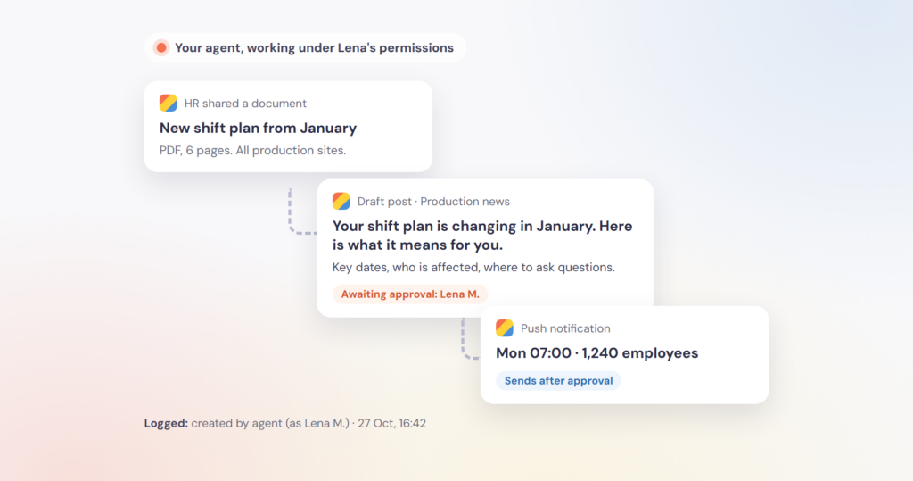 An AI agent turns an HR update into a draft post and a scheduled push notification, waiting for a communicator's approval