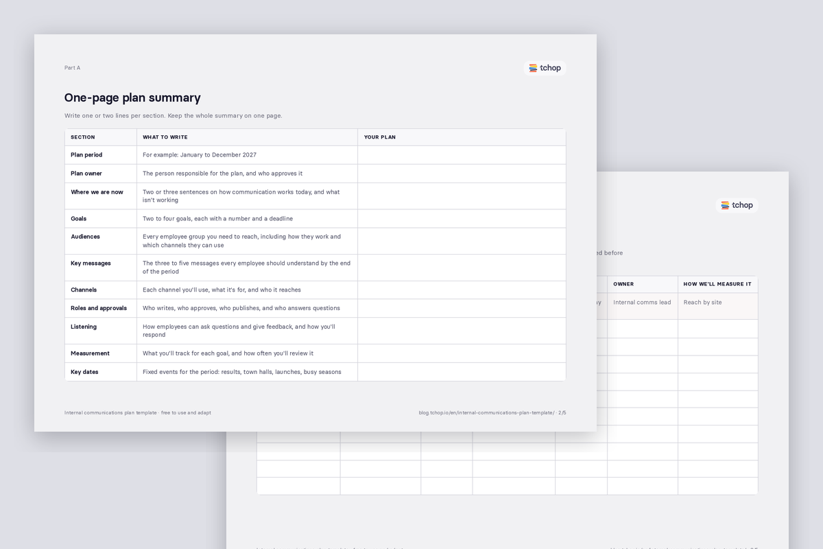 Preview of the internal communications plan template: one-page summary and blank communications calendar